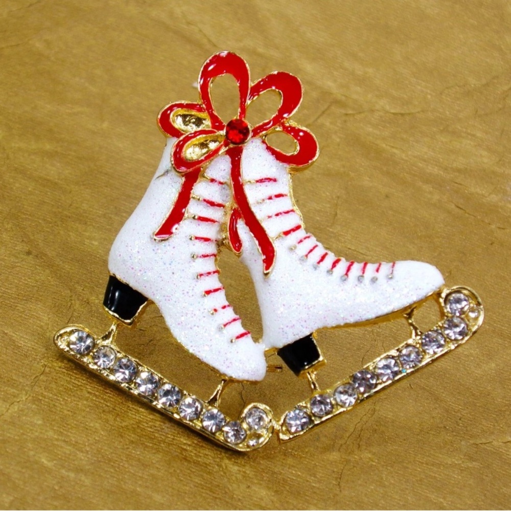 Ice skates brooch pin with white sparkle enamel, red enamel, and crystals New